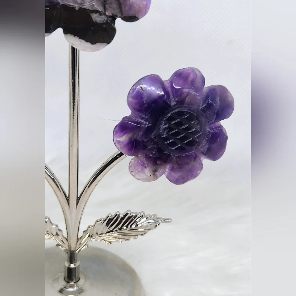 Amethyst Flowers On Metal Stand. Crystal Floral Decor.